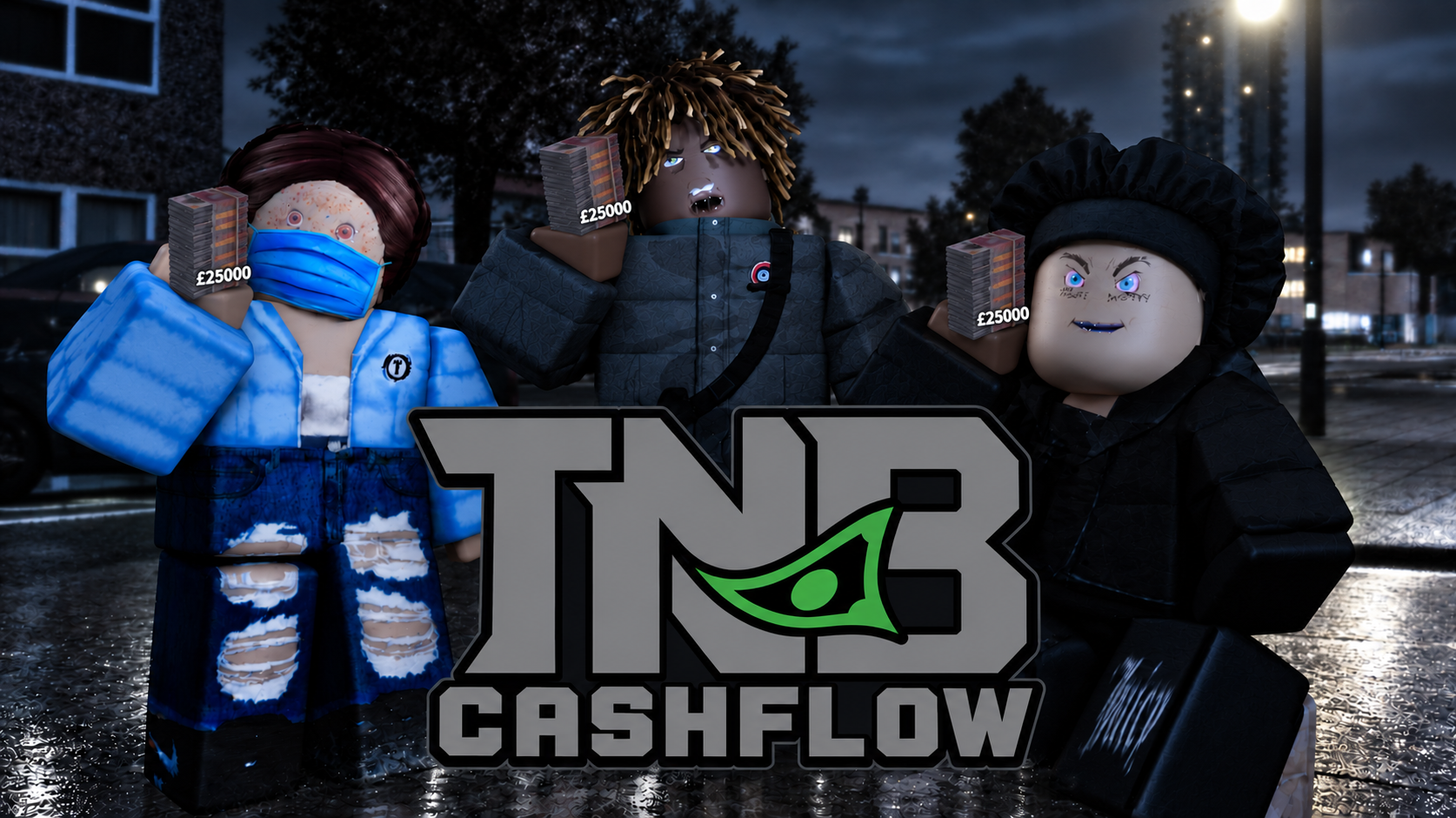 TNB Cashflow artwork with Trap N Bang characters holding bundles of pound notes